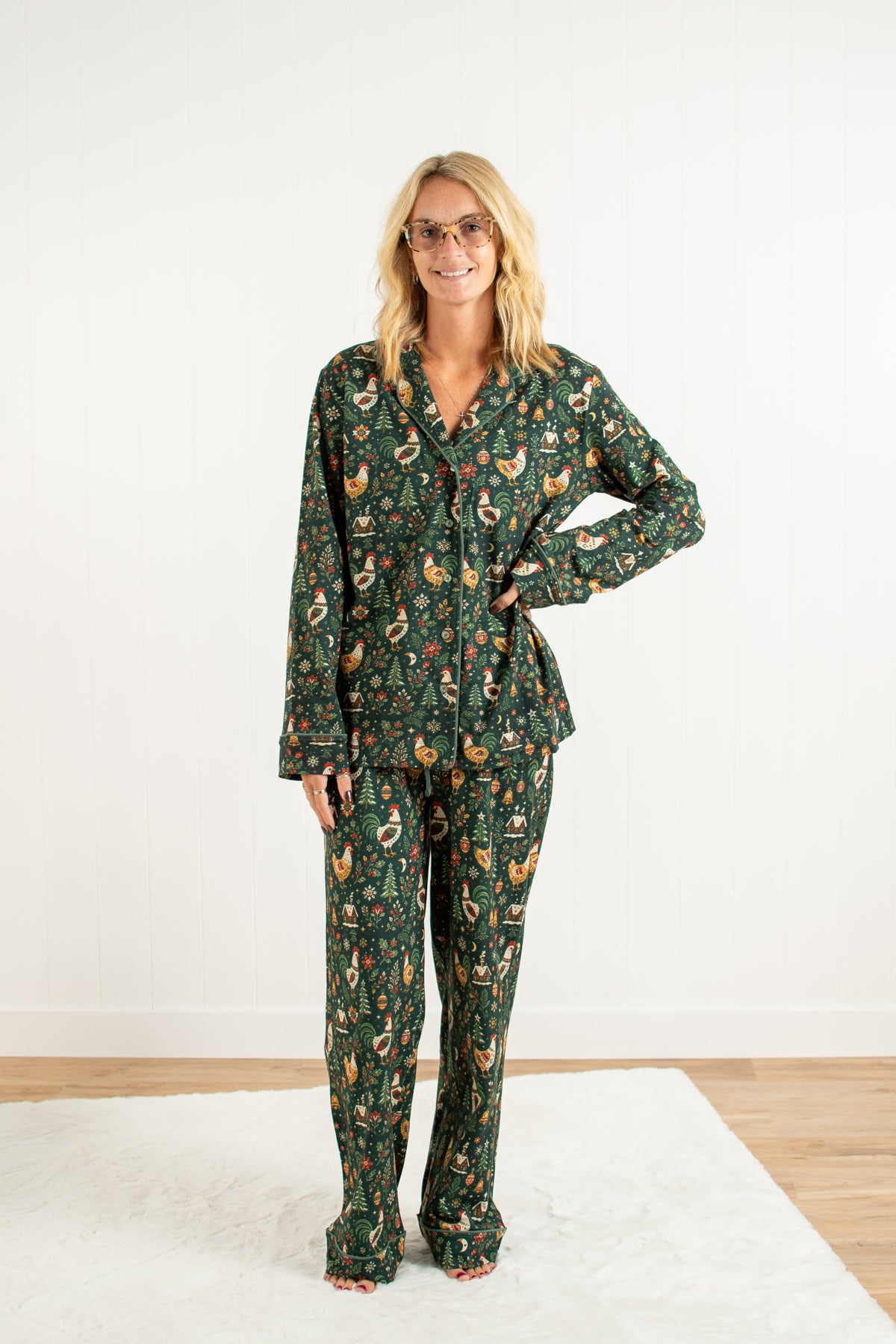 Folk Christmas Chicken Adult Notch Collar Top and Pajama Pant Set *Preorder*