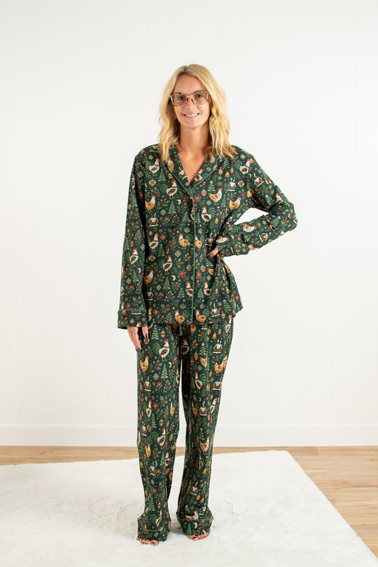 Folk Christmas Chicken Adult Notch Collar Top and Pajama Pant Set *Preorder*