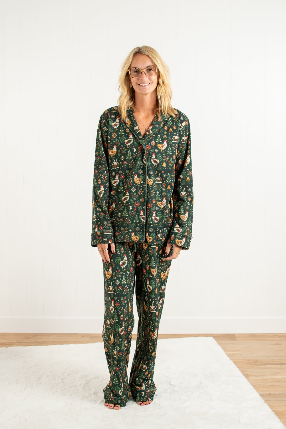 Folk Christmas Chicken Adult Notch Collar Top and Pajama Pant Set *Preorder*