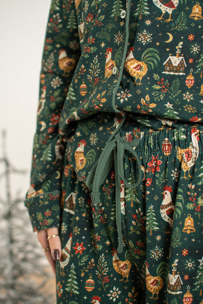 Folk Christmas Chicken Adult Notch Collar Top and Pajama Pant Set *Preorder*