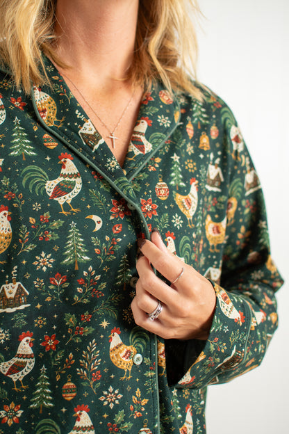 Folk Christmas Chicken Adult Notch Collar Top and Pajama Pant Set *Preorder*