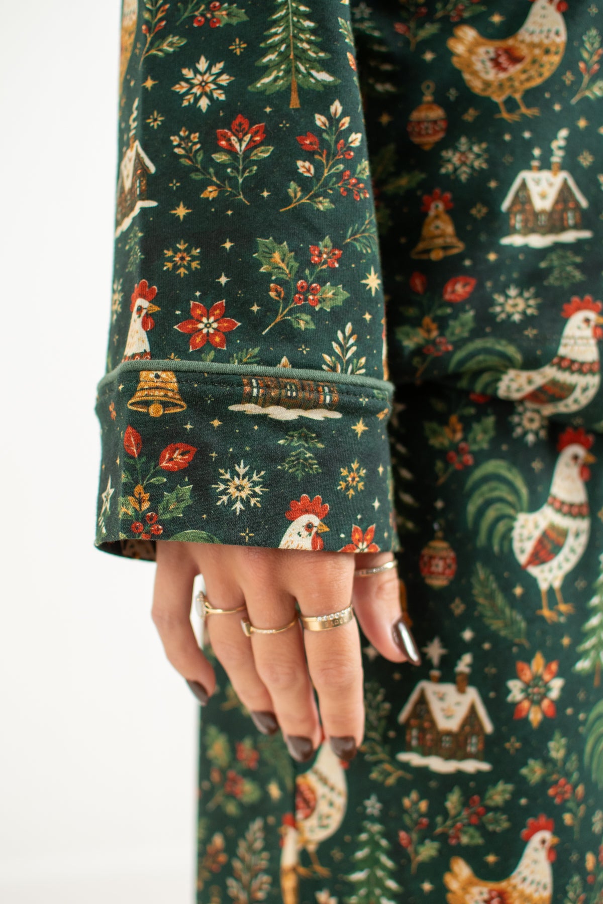 Folk Christmas Chicken Adult Notch Collar Top and Pajama Pant Set *Preorder*
