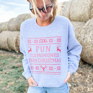 'Fun Old Fashioned Farm Christmas' Grey Crewneck