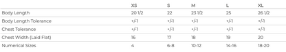 Youth sizing chart for agricultural tees by American Farm Company, featuring chest width and body length measurements for XS to XL.