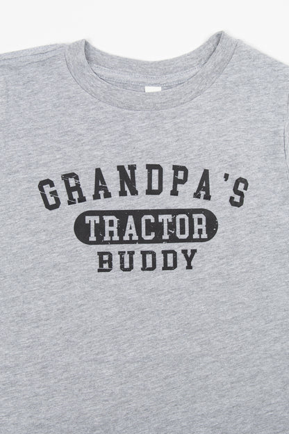 Heather grey youth tee in soft cotton, vintage distressed 'Grandpa's Tractor Buddy' text, rural heritage design by American Farm Company