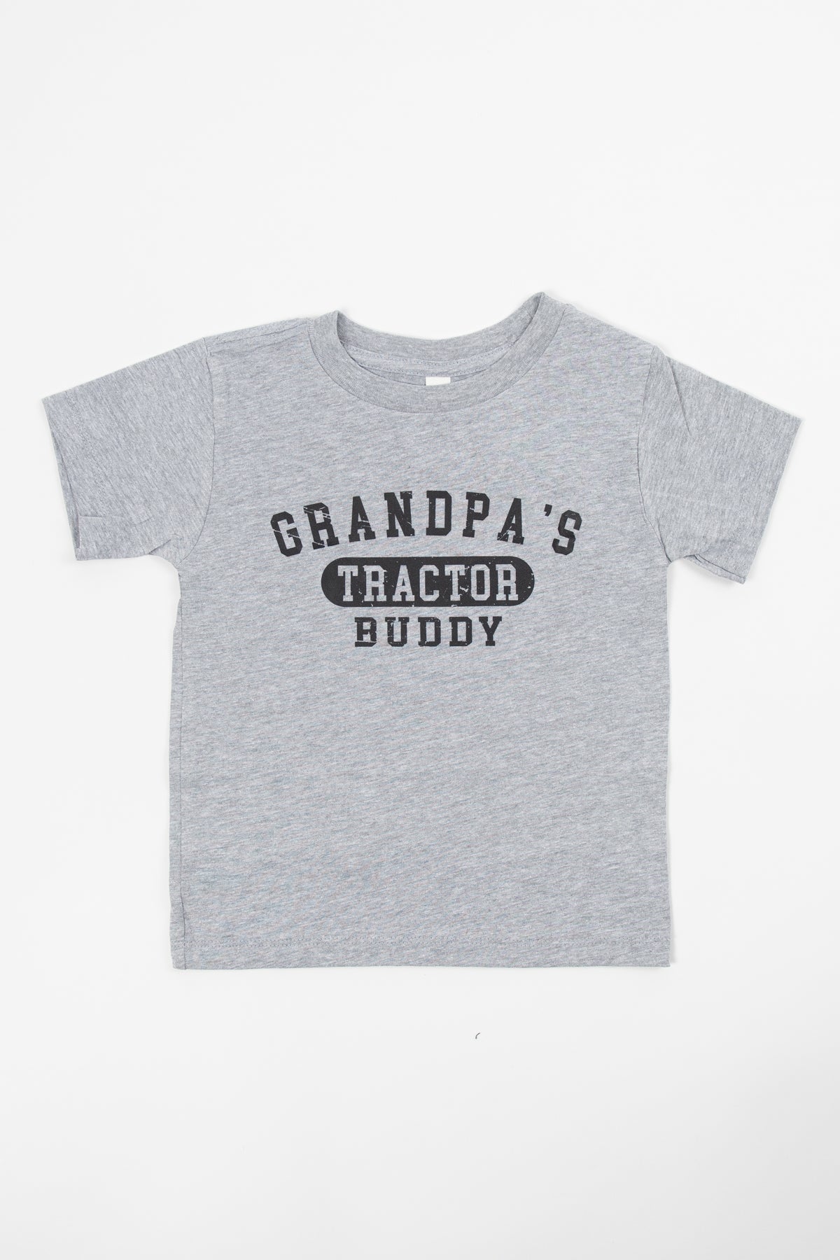 Heather gray youth tee with bold black 'Grandpa's Tractor Buddy' vintage print, rural heritage apparel