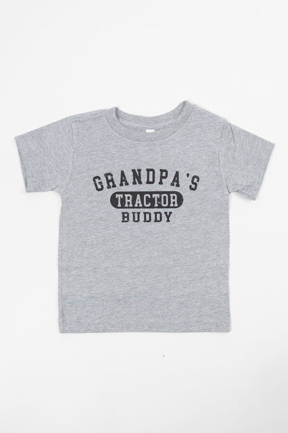 Heather gray youth tee with bold black 'Grandpa's Tractor Buddy' vintage print, rural heritage apparel