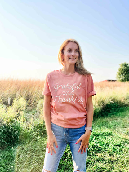 Grateful and Thankful Coral Tee