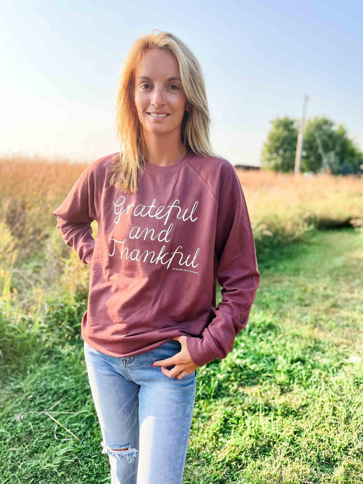 Grateful and Thankful Maroon Crewneck - American Farm Company