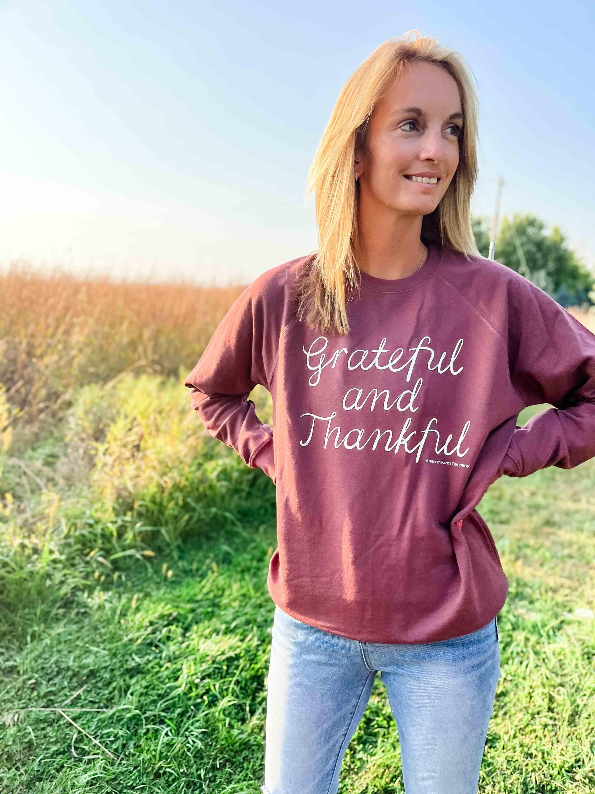 Grateful and Thankful Maroon Crewneck - American Farm Company