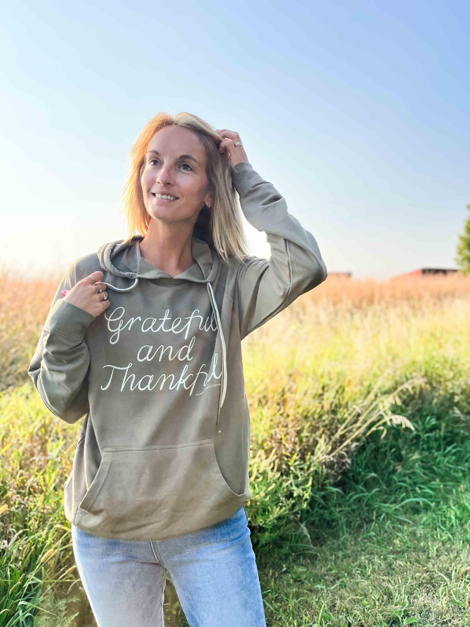 Grateful and Thankful Olive Hoodie - American Farm Company