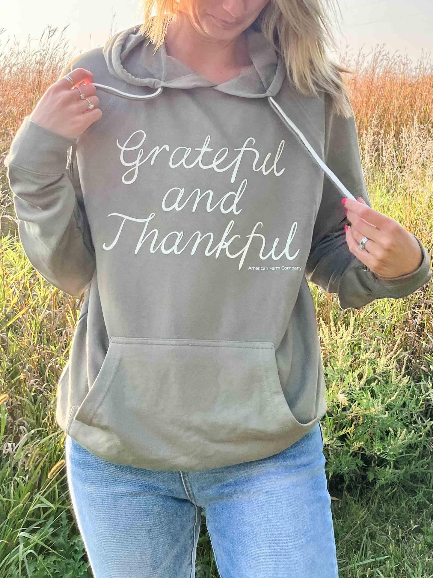 Grateful and Thankful Olive Hoodie - American Farm Company