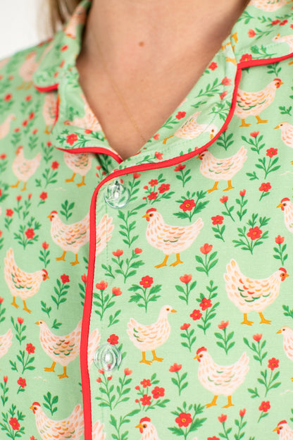 Green Chickens & Blooms Adult Bamboo Pajama 2-Piece Set