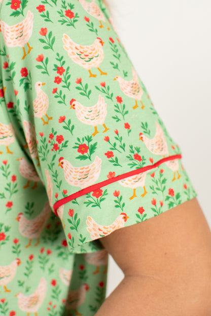 Green Chickens & Blooms Adult Bamboo Pajama 2-Piece Set