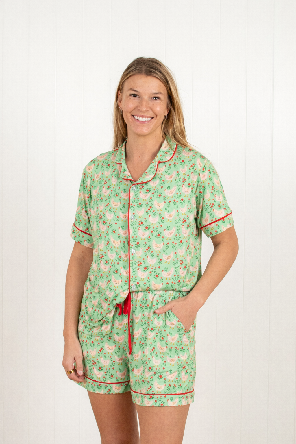 Green Chickens & Blooms Adult Bamboo Pajama 2-Piece Set