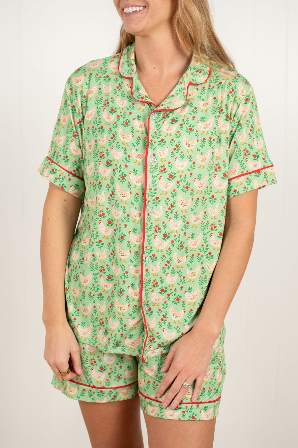 Green Chickens & Blooms Adult Bamboo Pajama 2-Piece Set