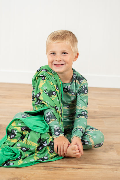 Green Tractor Christmas Kids Bamboo Blanket