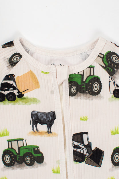 Green Tractor Farm Kid Baby Ribbed Cotton Zippy
