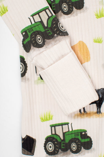Green Tractor Farm Kid Baby Ribbed Cotton Zippy