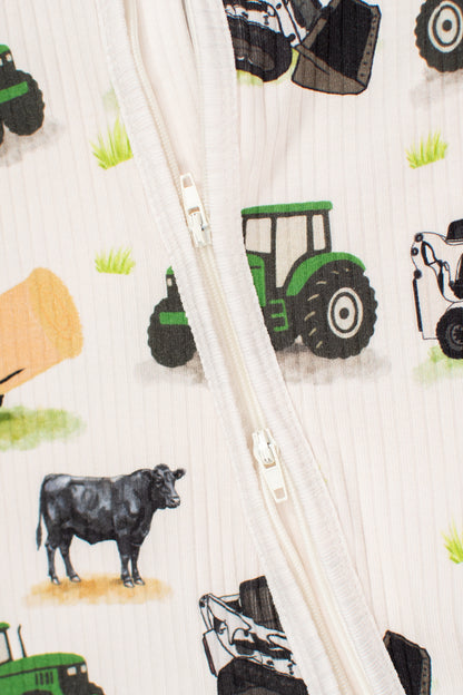 Green Tractor Farm Kid Baby Ribbed Cotton Zippy