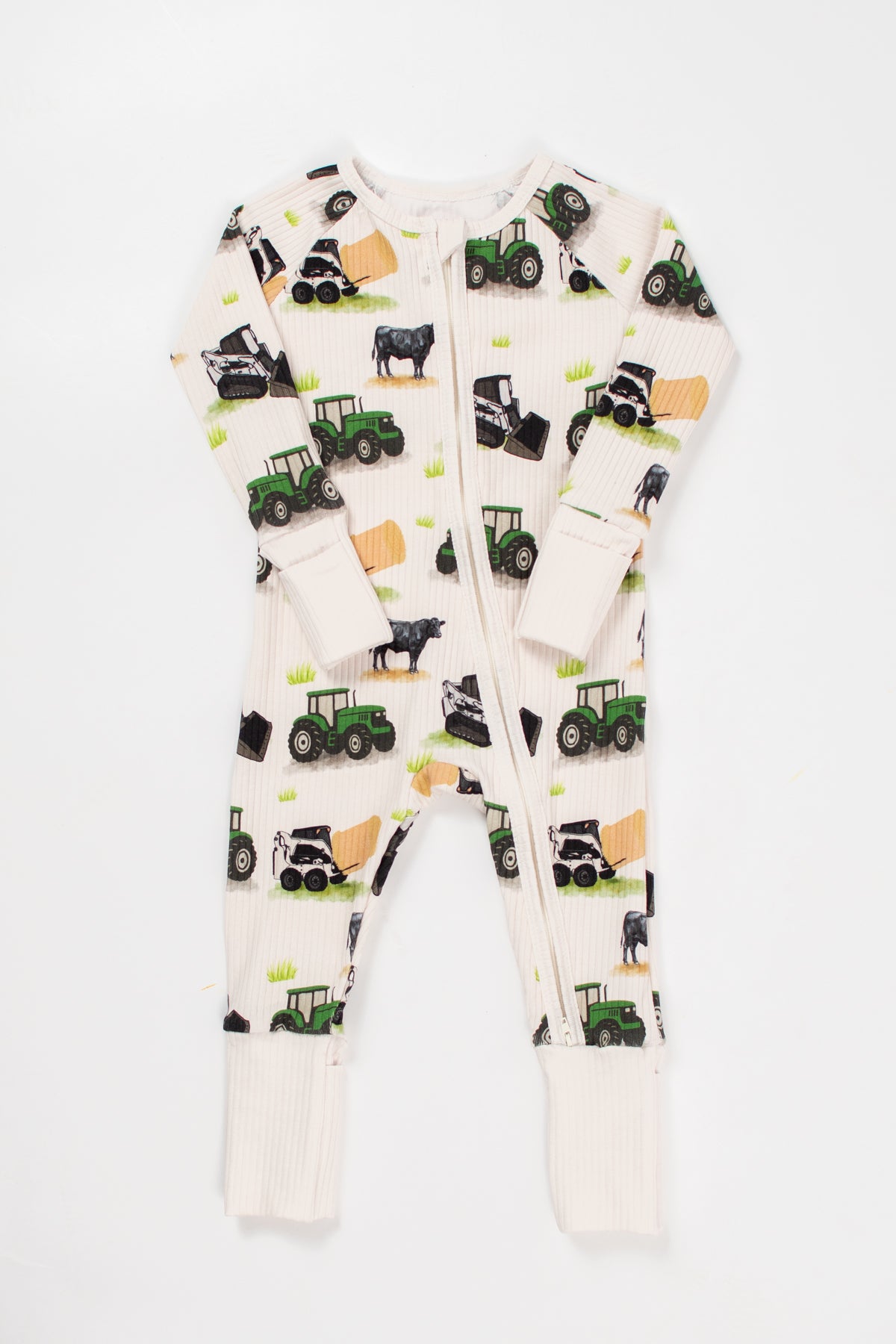 Green Tractor Farm Kid Baby Ribbed Cotton Zippy