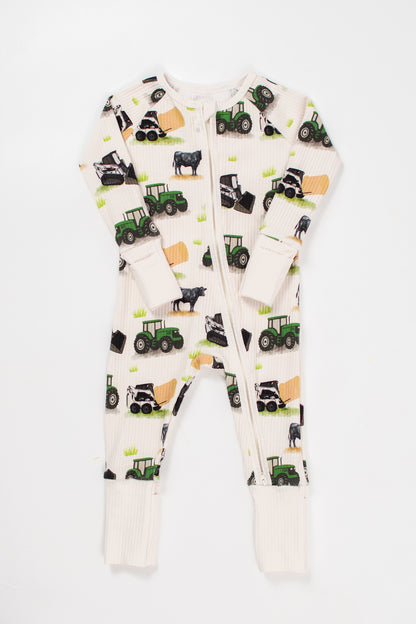 Green Tractor Farm Kid Baby Ribbed Cotton Zippy