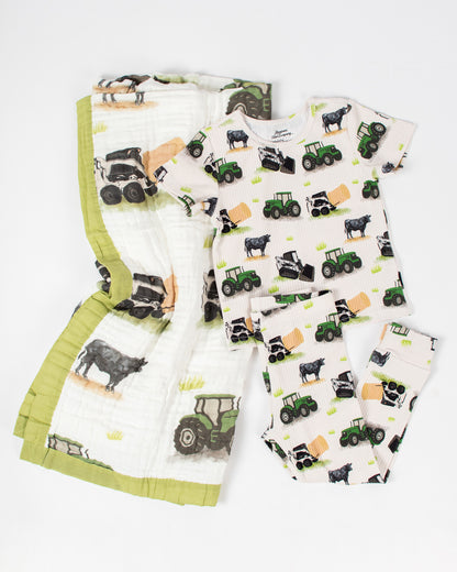 Green Tractor Farm Life Cotton Kid Blanket