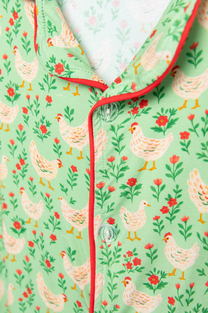 Green Chickens & Blooms Adult Bamboo Pajama 2-Piece Set