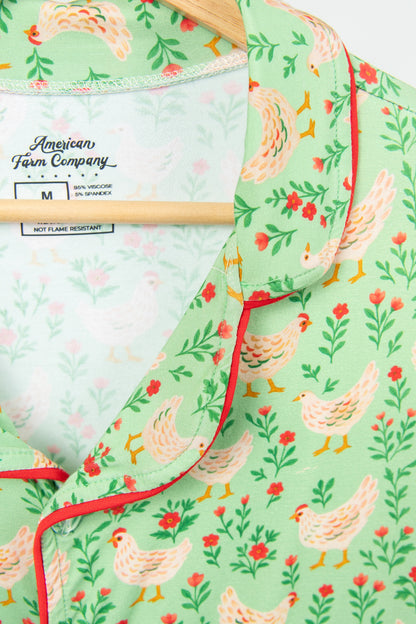 Green Chickens & Blooms Adult Bamboo Pajama 2-Piece Set