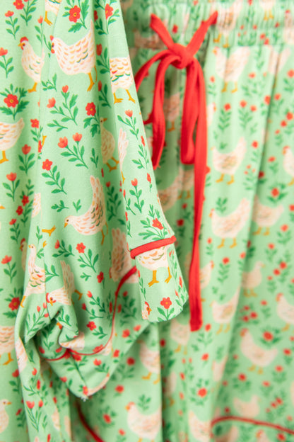Green Chickens & Blooms Adult Bamboo Pajama 2-Piece Set
