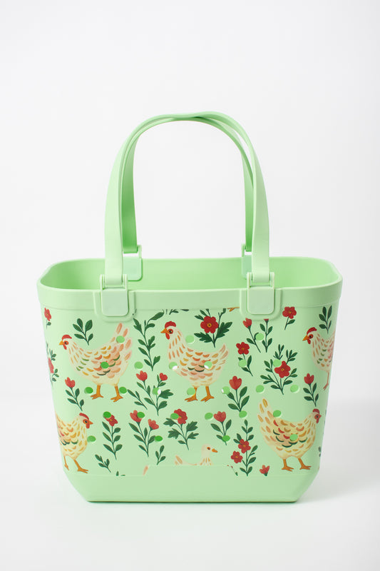 *PREORDER* Green Chickens & Blooms Rubber Tote Bag - Large
