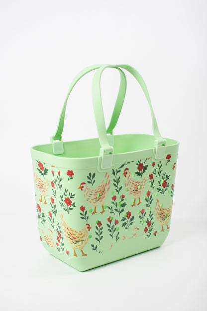 *PREORDER* Green Chickens & Blooms Rubber Tote Bag - Large