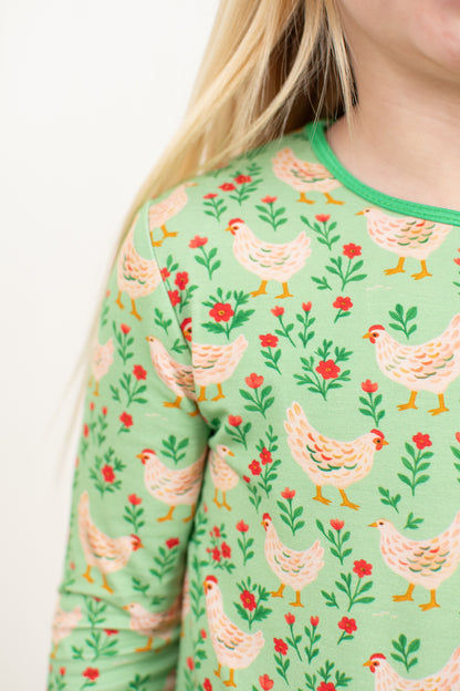 Green Chickens & Blooms Toddler/Youth Bamboo Pajama Set