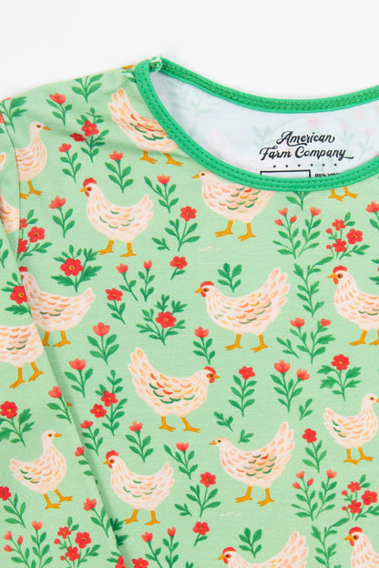Green Chickens & Blooms Toddler/Youth Bamboo Pajama Set