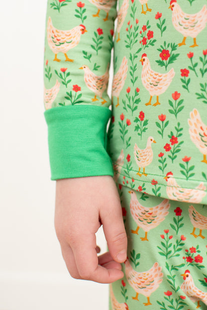 Green Chickens & Blooms Toddler/Youth Bamboo Pajama Set