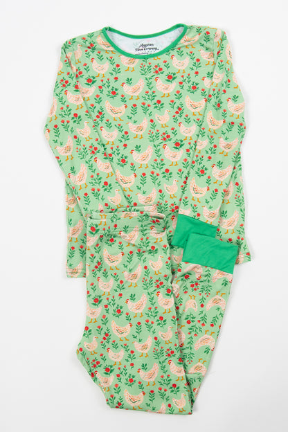 Green Chickens & Blooms Toddler/Youth Bamboo Pajama Set