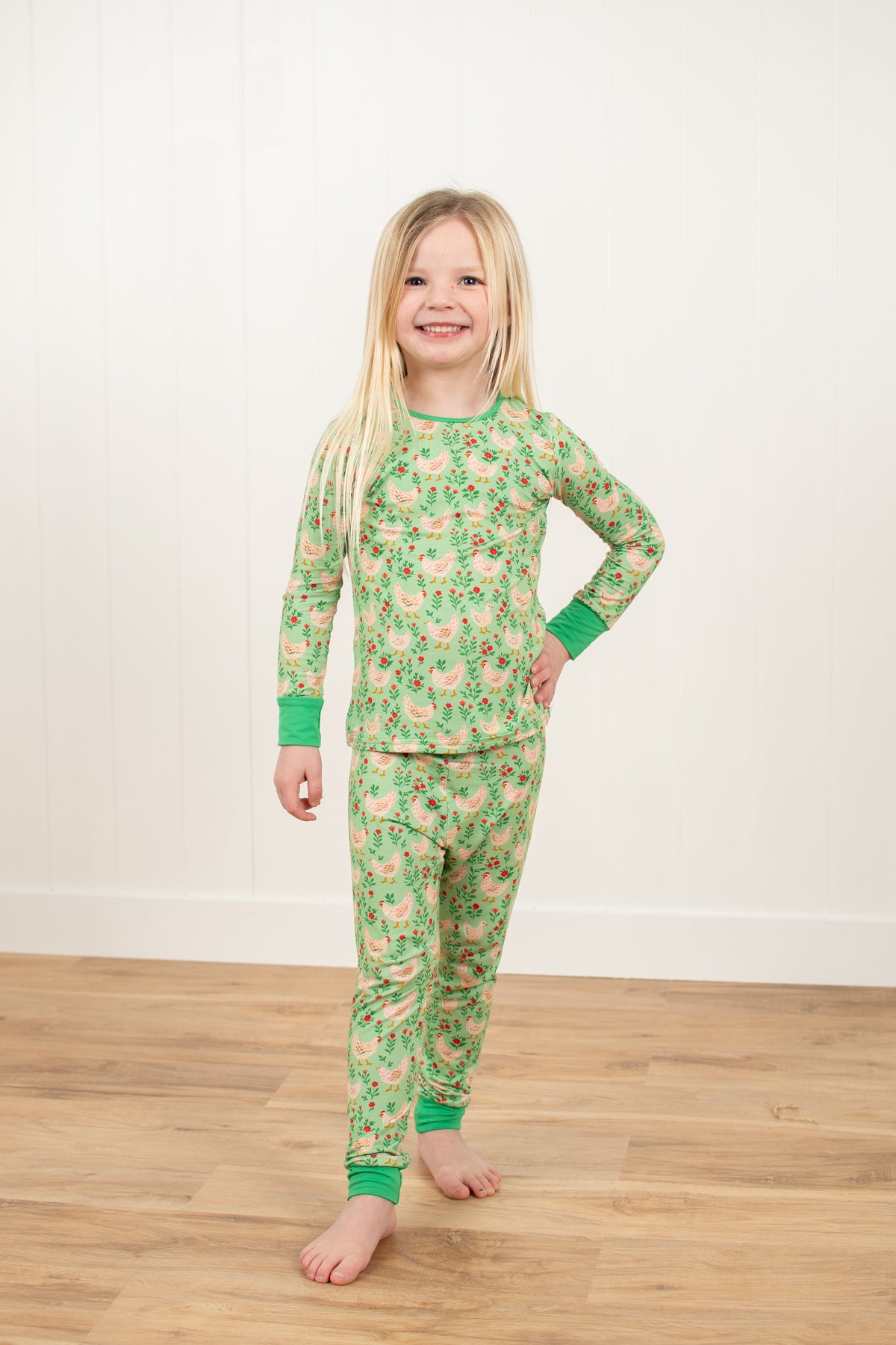 Green Chickens & Blooms Toddler/Youth Bamboo Pajama Set