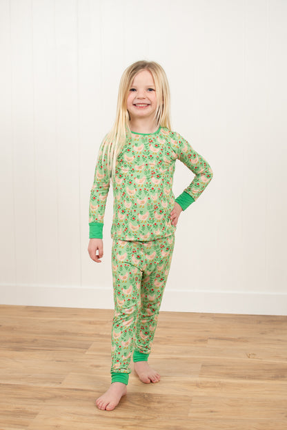 Green Chickens & Blooms Toddler/Youth Bamboo Pajama Set