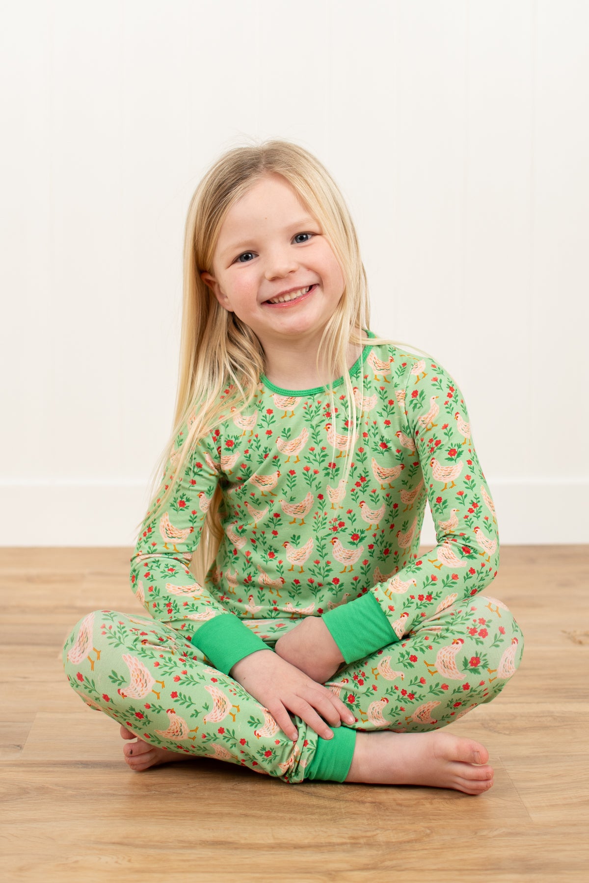 Green Chickens & Blooms Toddler/Youth Bamboo Pajama Set