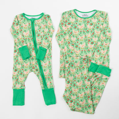 Green Chickens & Blooms Toddler/Youth Bamboo Pajama Set