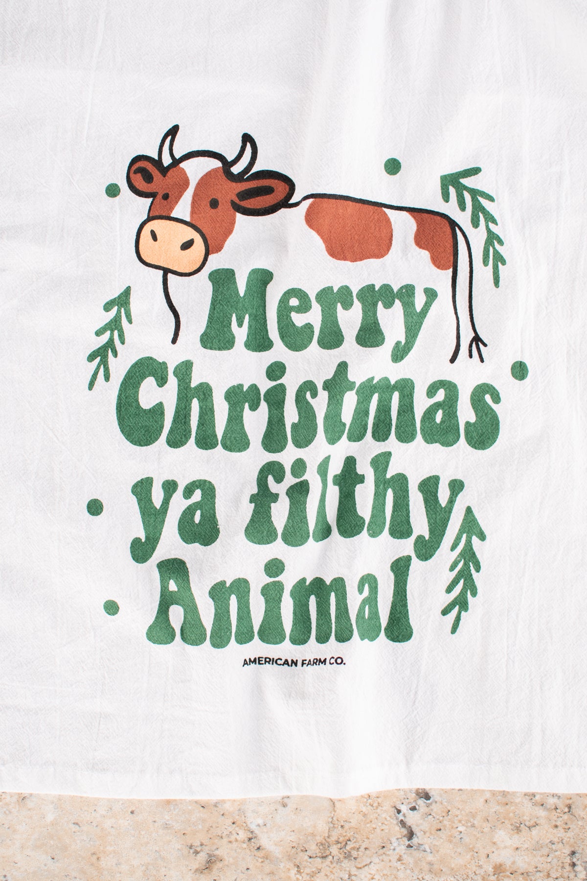 Green 'Merry Christmas Ya Filthy Animals' Cow Flour Sack Kitchen Towel