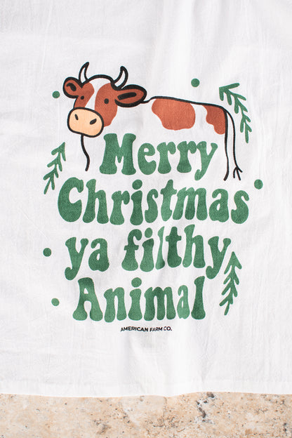 Green 'Merry Christmas Ya Filthy Animals' Cow Flour Sack Kitchen Towel