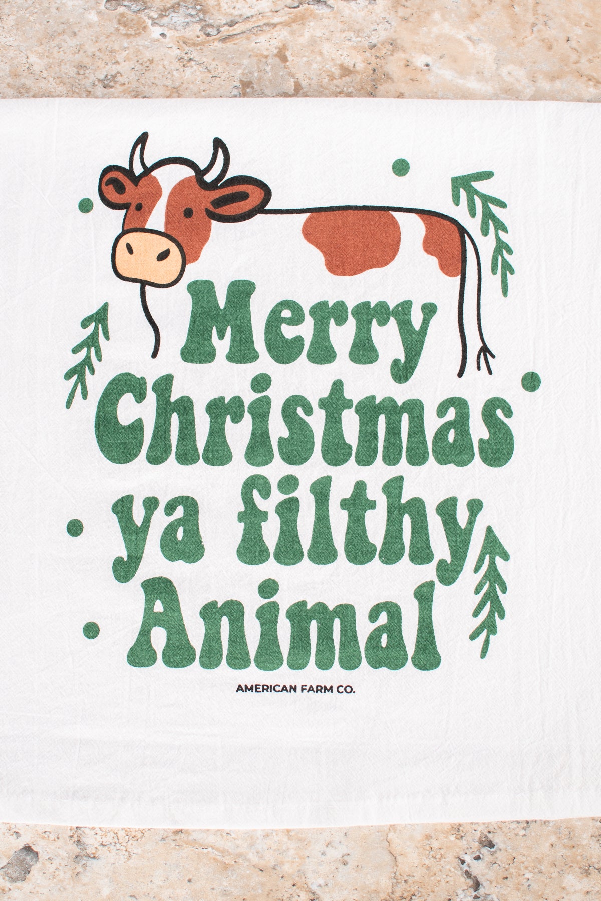 Green 'Merry Christmas Ya Filthy Animals' Cow Flour Sack Kitchen Towel
