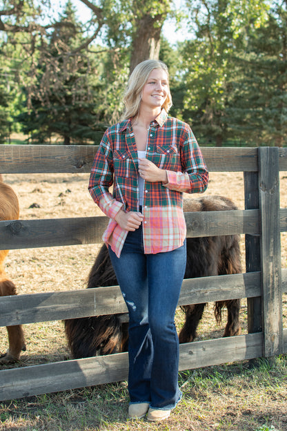 Green, Navy, Orange & White Plaid Flannel