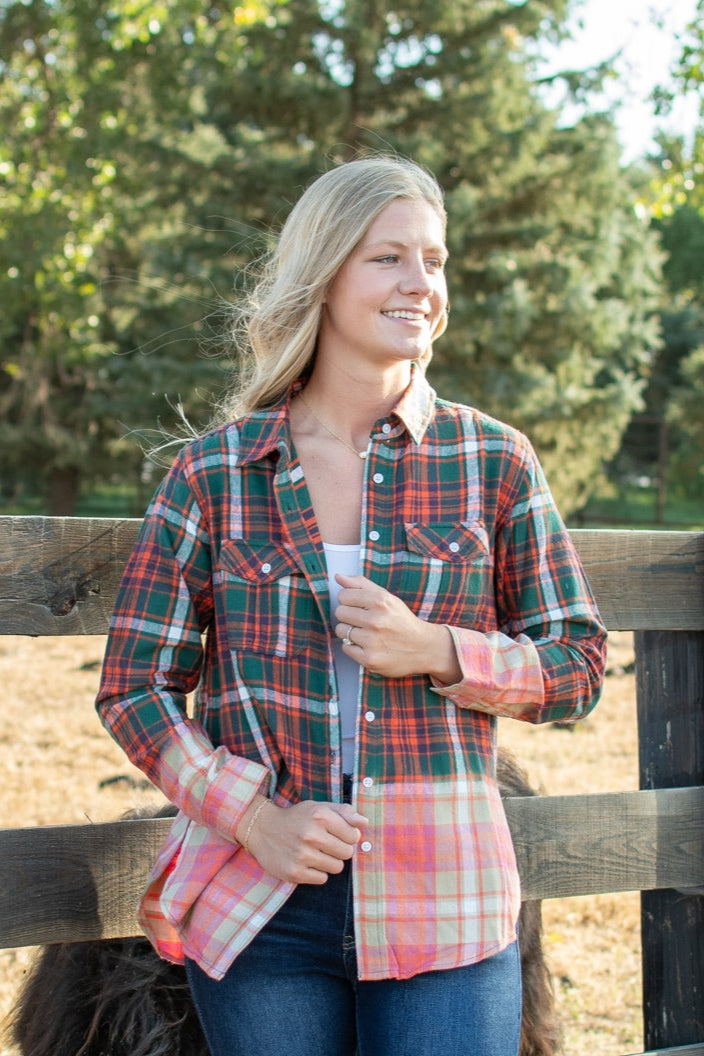 Green, Navy, Orange & White Plaid Flannel