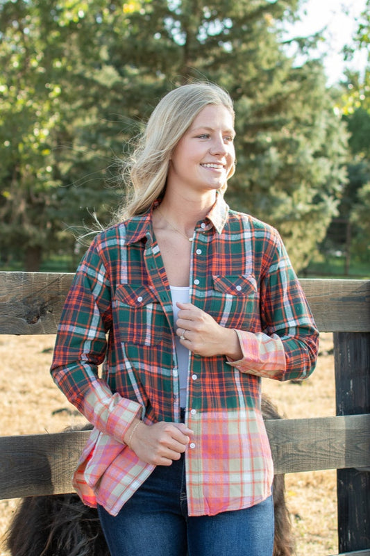 Green, Navy, Orange & White Plaid Flannel