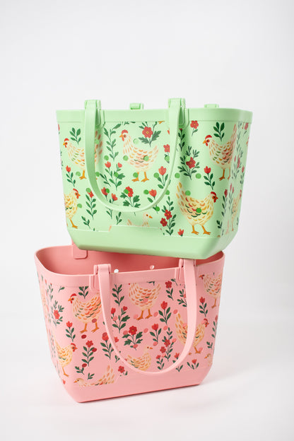 *PREORDER* Green Chickens & Blooms Rubber Tote Bag - Large