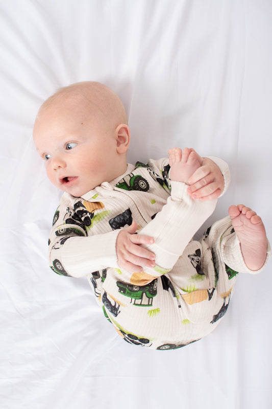 Green Tractor Farm Kid Baby Ribbed Cotton Zippy