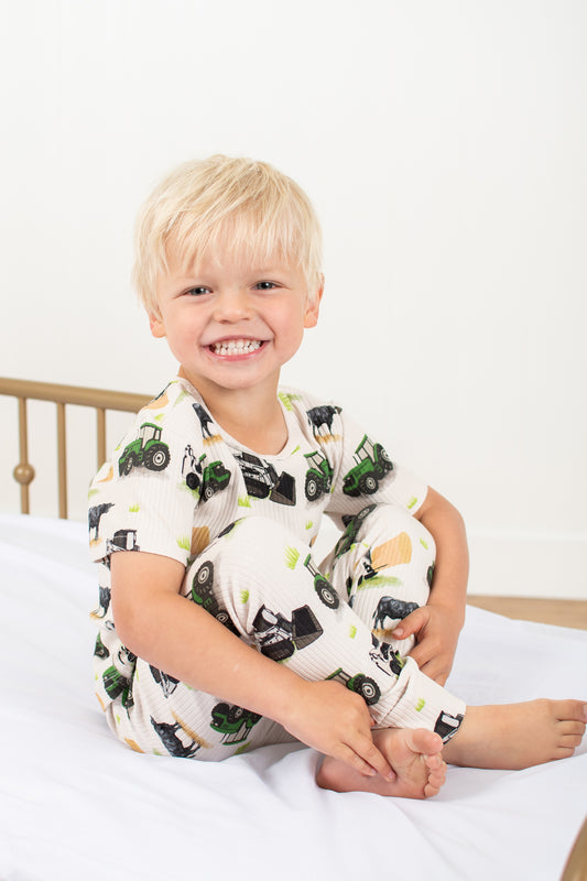 Green Tractor Farm Kid Toddler/Youth Ribbed Cotton Pajama Set
