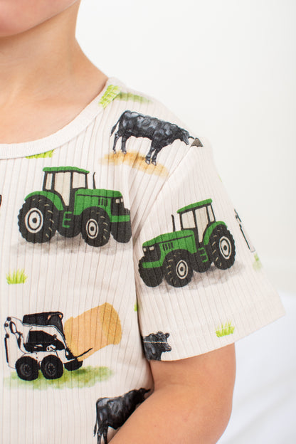 Green Tractor Farm Kid Toddler/Youth Ribbed Cotton Pajama Set